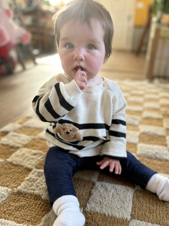 GAP Other - Baby Gap Teddy Bear Pocket Striped Sweater Cream Navy 6-12M